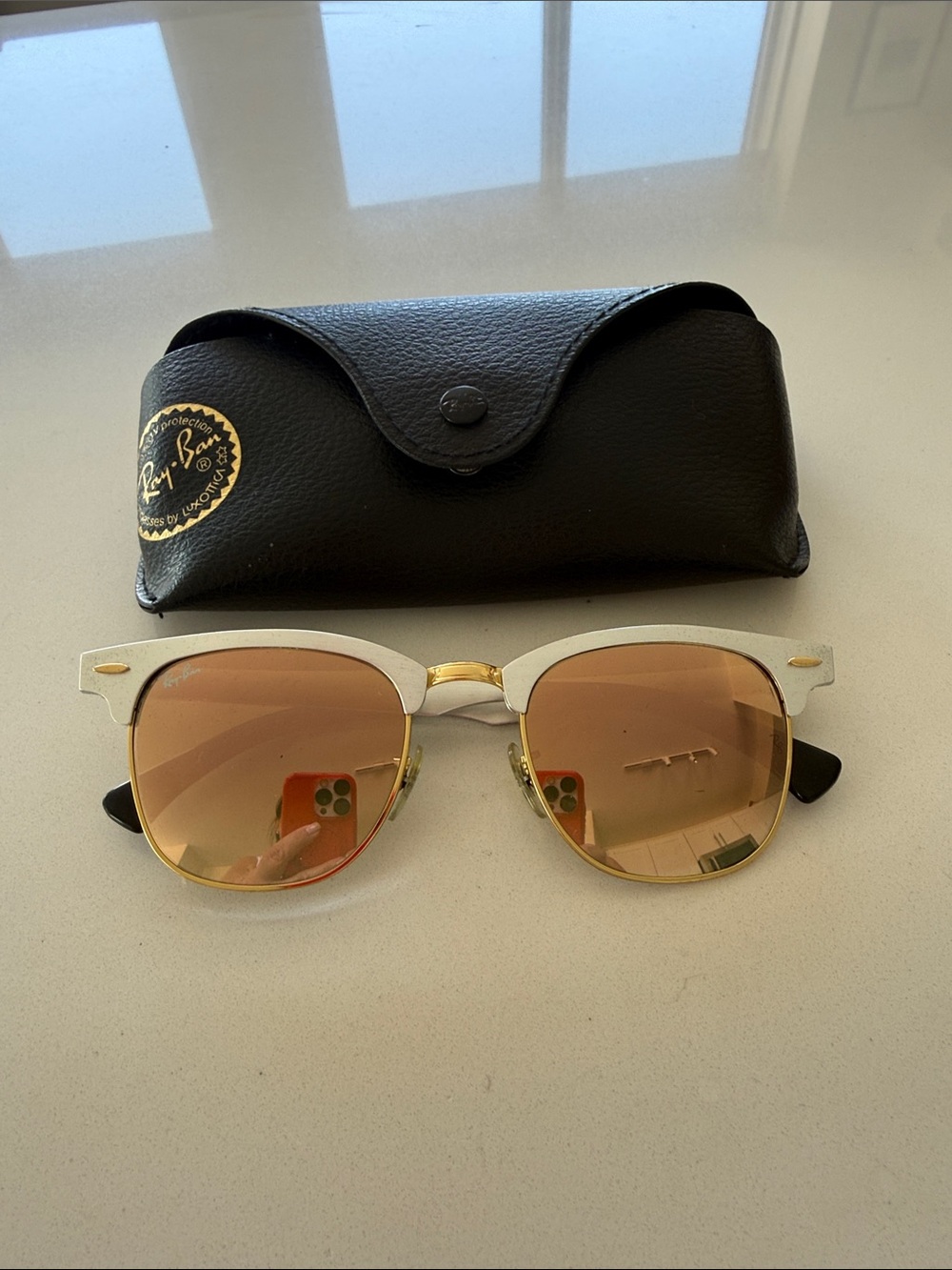 Ray-Ban Clubmaster Sunglasses White and rose Gold with Brown Lenses